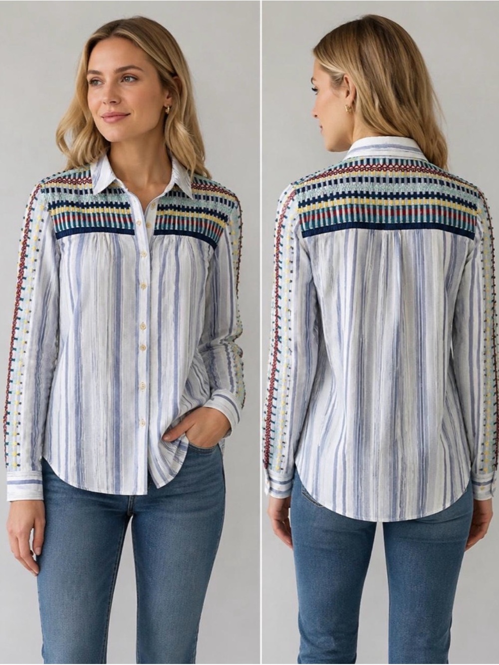 Pilcro and the Letterpress The Cate Embroidered Shirt XS 18.5” p2p Blue Multi